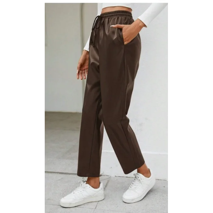 Kadın Yüksel Bel Bağcıklı Deri Pantolon