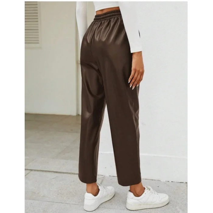 Kadın Yüksel Bel Bağcıklı Deri Pantolon