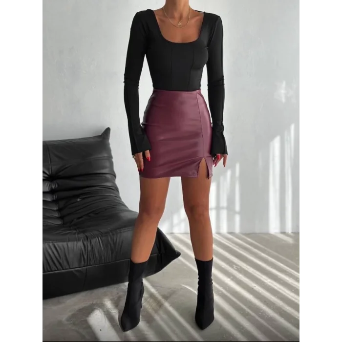 Kadın Yüksel Bel Yırtmaç Detay Mini Deri Etek