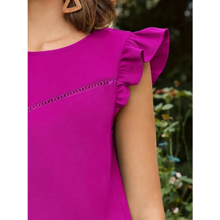 Kadın Yuvarlak Yaka Kolları Fırfırlı Krep Bluz