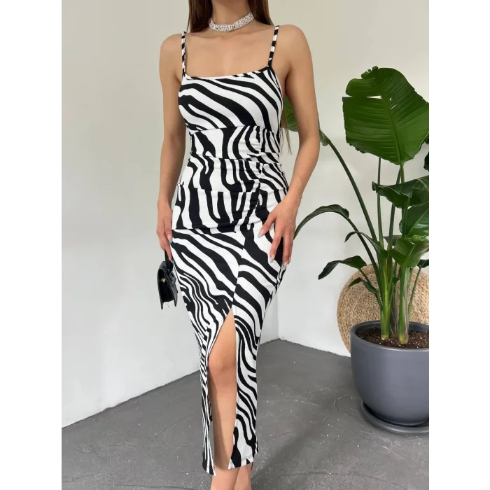 Kadın Zebra Baskılı Omuz Askılı Sırt Dekolteli Yırtmaç Detay Elbise