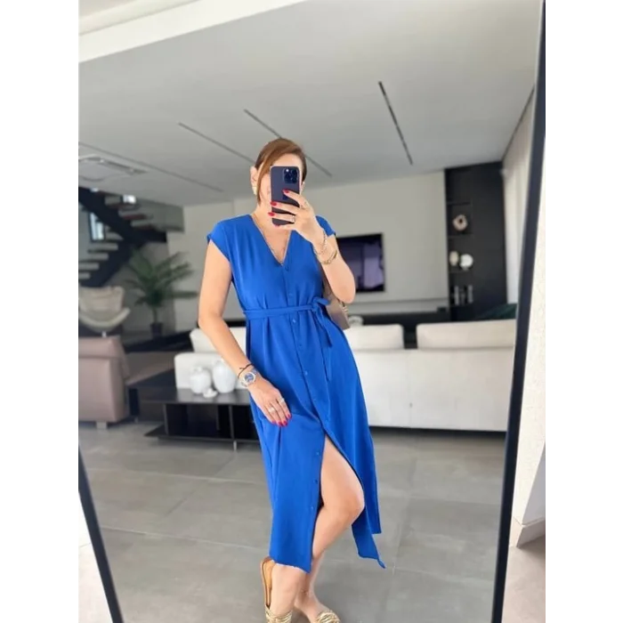 Kadınn V Yaka Düğme Detay Kuşak Dahil Elbise