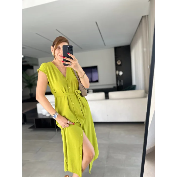 Kadınn V Yaka Düğme Detay Kuşak Dahil Elbise