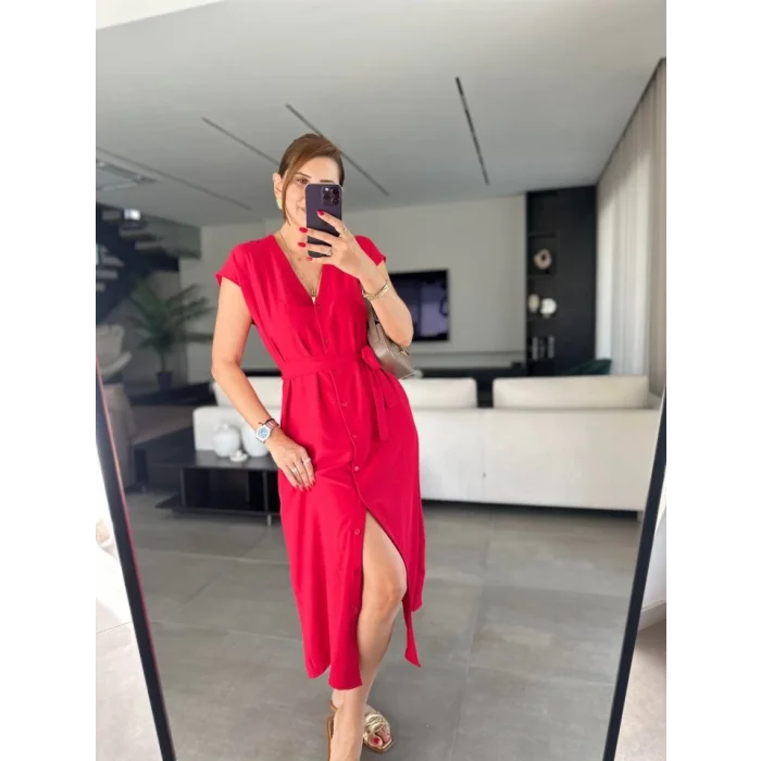 Kadınn V Yaka Düğme Detay Kuşak Dahil Elbise