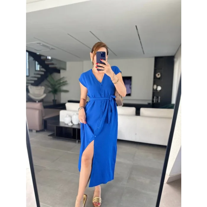 Kadınn V Yaka Düğme Detay Kuşak Dahil Elbise