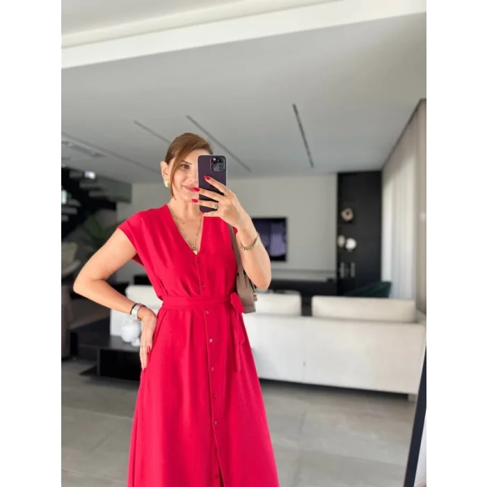 Kadınn V Yaka Düğme Detay Kuşak Dahil Elbise