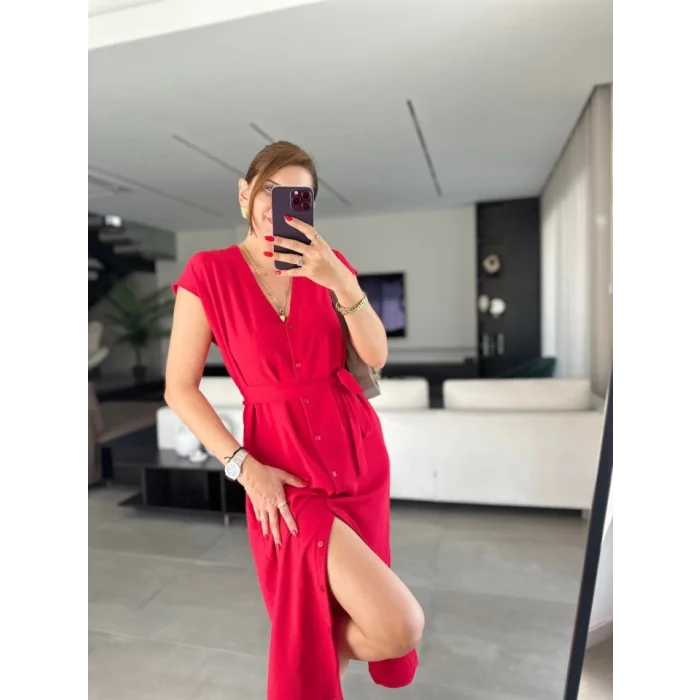 Kadınn V Yaka Düğme Detay Kuşak Dahil Elbise