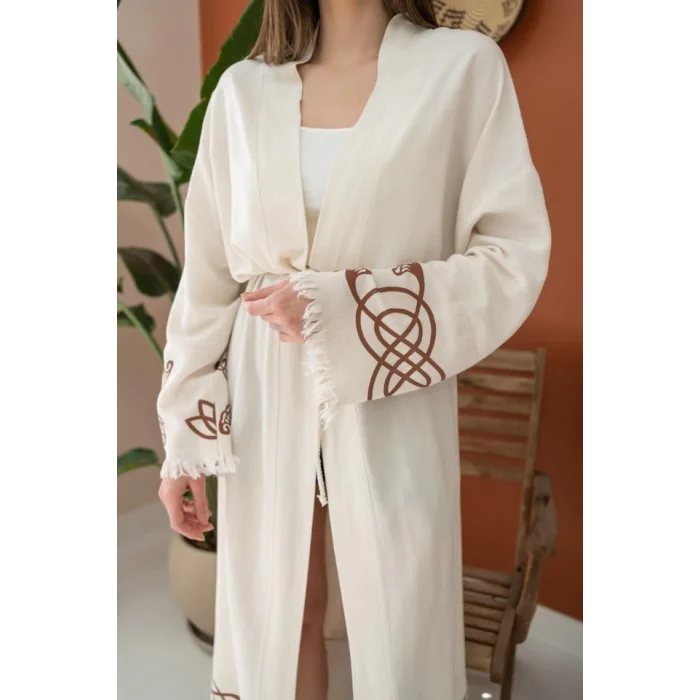 Kahverengi Baskı Detay Keten Hırka