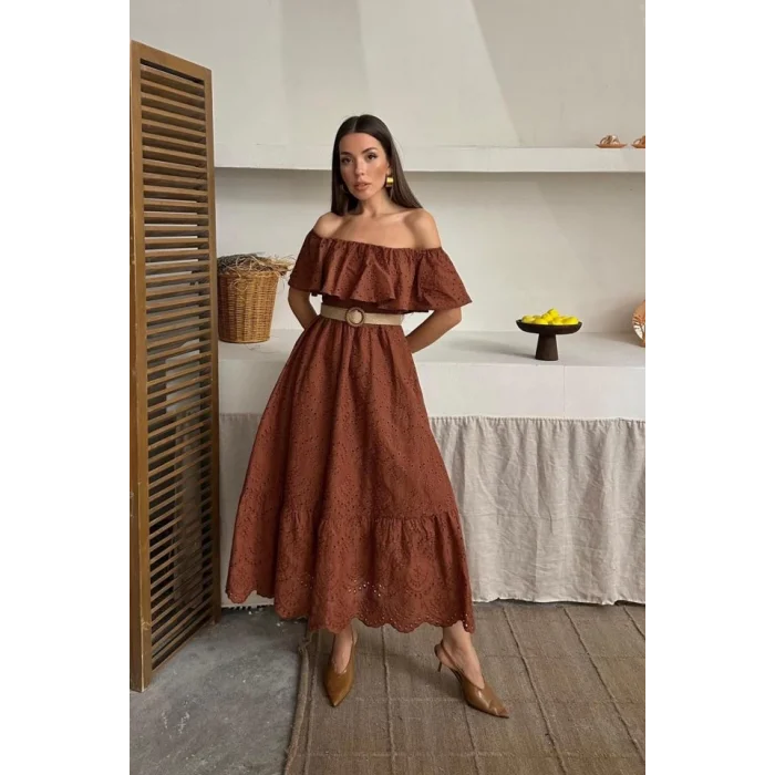 Kahverengi Omzu Lastikli Brode Elbise