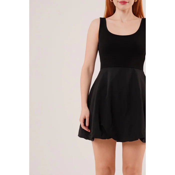 Kalın Askılı Balon Etek Siyah Mini Elbise