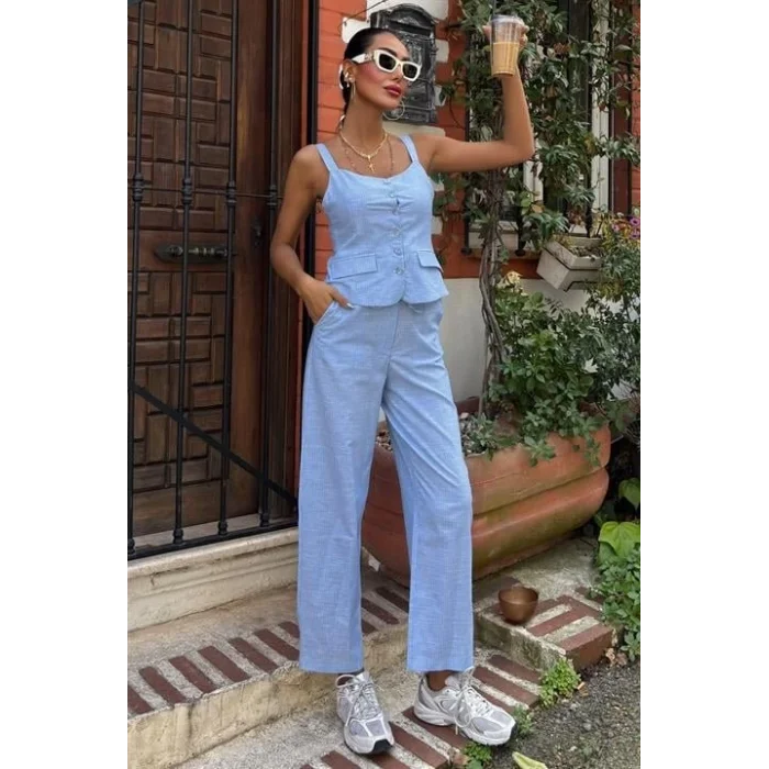 Kalın Askılı Bluz Pantolon Keten Takım 10187