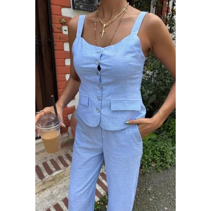 Kalın Askılı Bluz Pantolon Keten Takım 10187