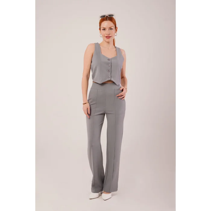Kalın Askılı Düğmeli Yelek Ve Pantolon Gri Takım
