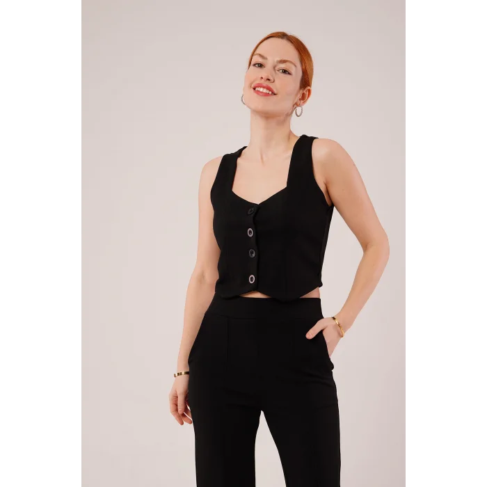 Kalın Askılı Düğmeli Yelek Ve Pantolon Siyah Takım