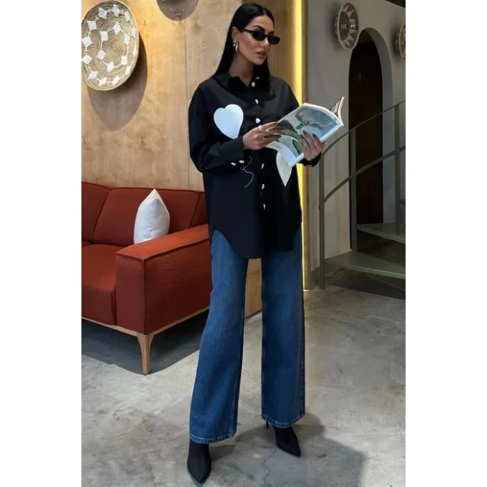 Kalp Nakışlı Ve Düğme Detaylı Oversize Gömlek 3430