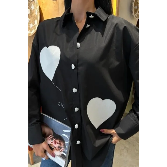Kalp Nakışlı Ve Düğme Detaylı Oversize Gömlek 3430