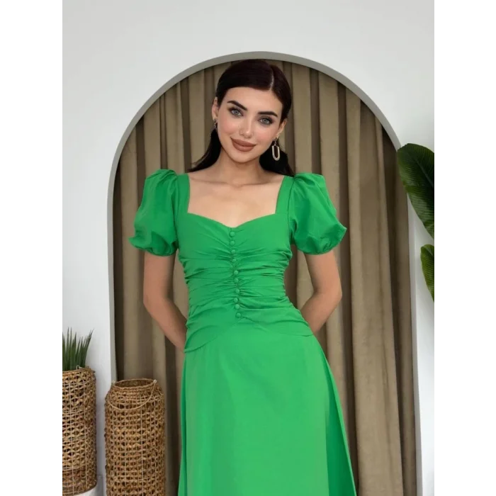 Kare Yaka Düğmeli Elbise