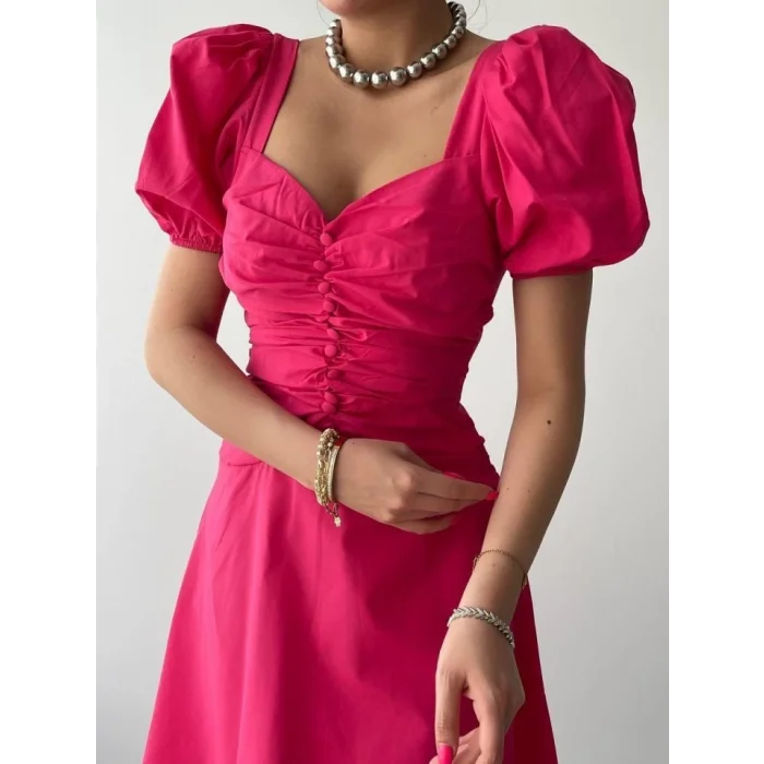 Kare Yaka Düğmeli Elbise