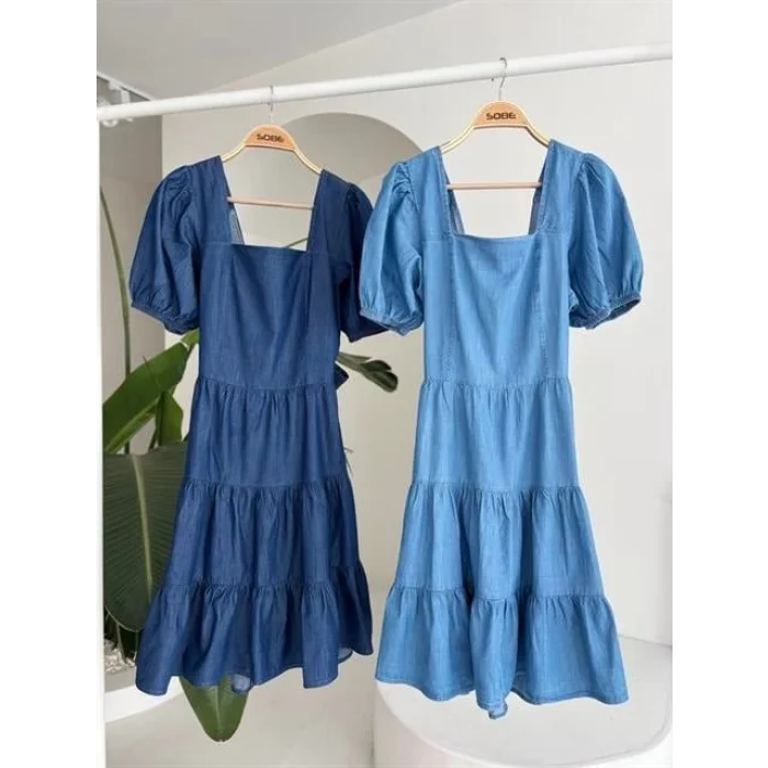 Kare Yakalı Ve Gipe Detaylı Tensel Elbise 2883