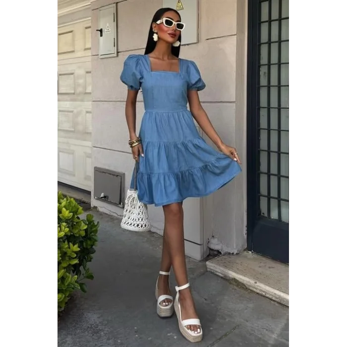 Kare Yakalı Ve Gipe Detaylı Tensel Elbise 2883