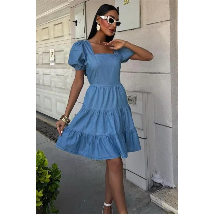 Kare Yakalı Ve Gipe Detaylı Tensel Elbise 2883