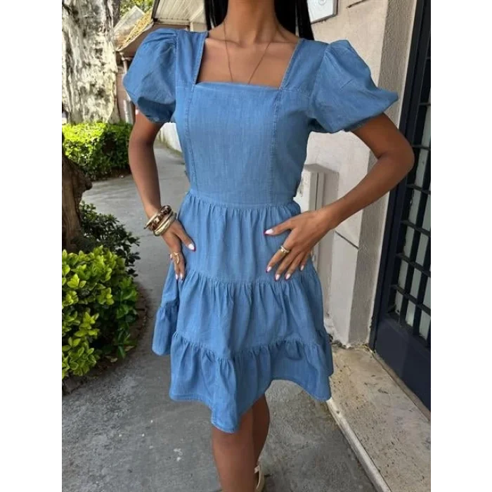 Kare Yakalı Ve Gipe Detaylı Tensel Elbise 2883