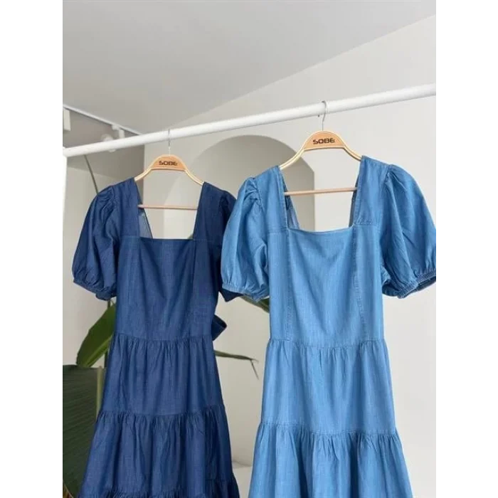 Kare Yakalı Ve Gipe Detaylı Tensel Elbise 2883