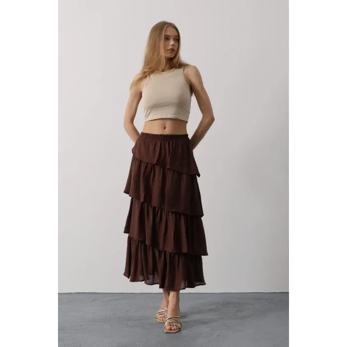 Katlı Kesim Uzun Etek - Kahve