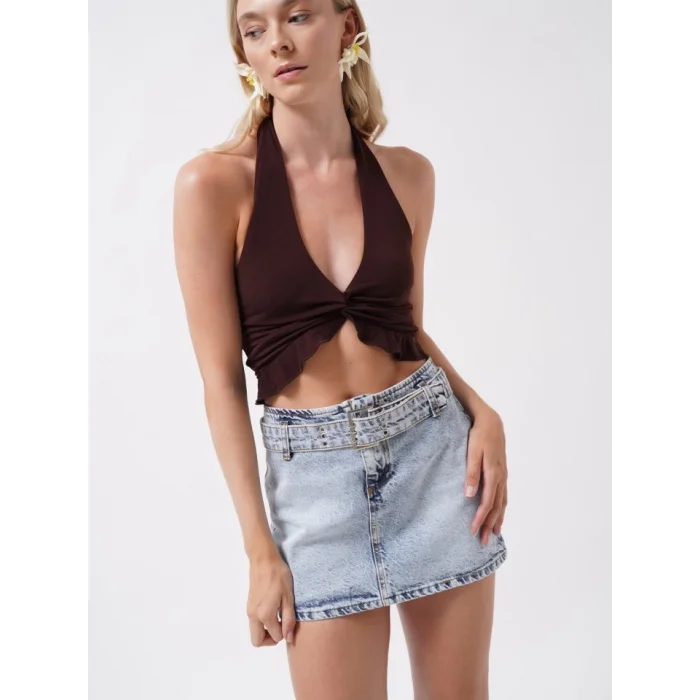 Kemer Detay Denim Mini Etek