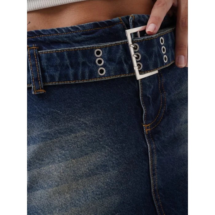 Kemer Detay Denim Mini Etek