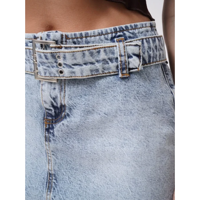 Kemer Detay Denim Mini Etek