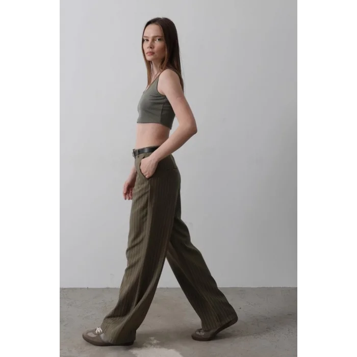 Kemerli Palazzo Pantolon - Haki-Beyaz