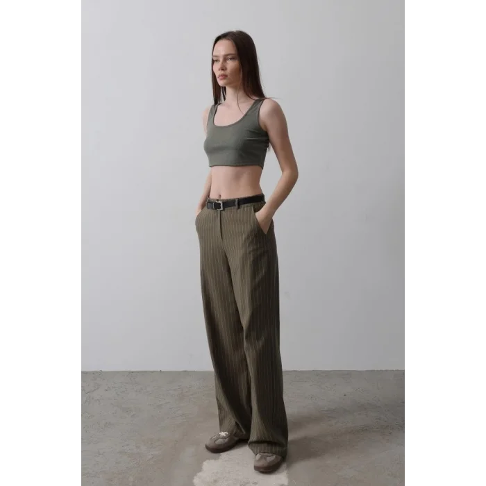 Kemerli Palazzo Pantolon - Haki-Beyaz