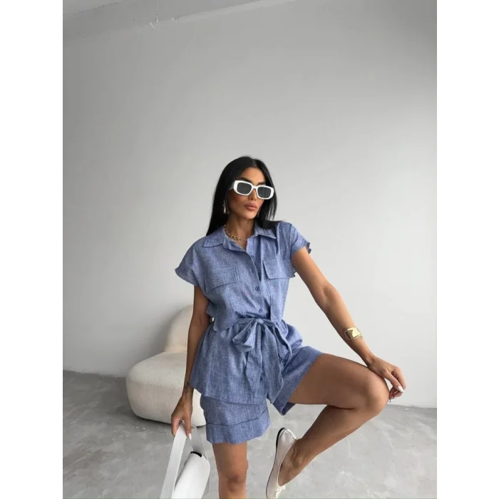 KETEN BAĞLAMALI KOLSUZ GÖMLEK - DUBLE PAÇA ŞORT TAKIM - Lacivert