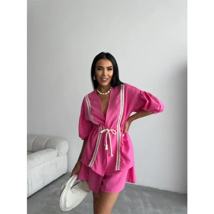 KETEN BEL BÜZGÜLÜ BLUZ-PANTOLON TAKIM - Fuşya