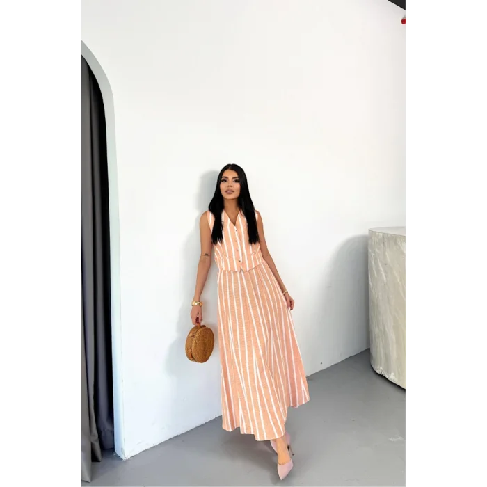 KETEN ÇİZGİLİ YELEK - UZUN ETEK TAKIM - Orange