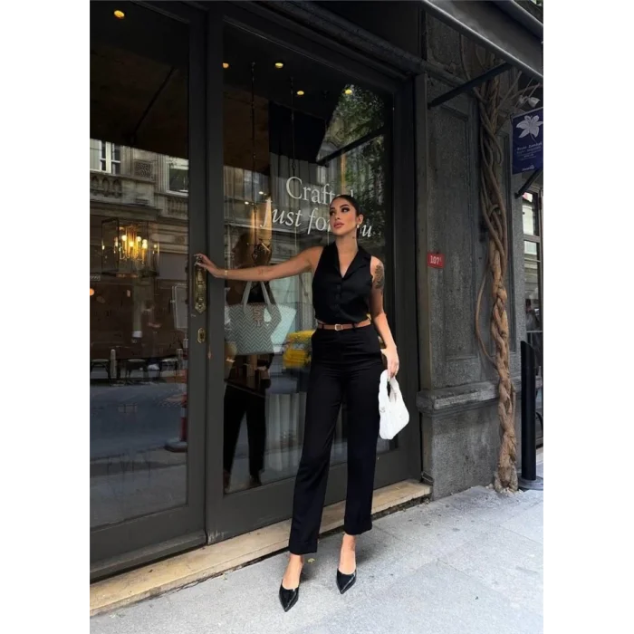 KETEN DUBLE PAÇA DERİ TABA KEMERLİ PANTOLON - Siyah