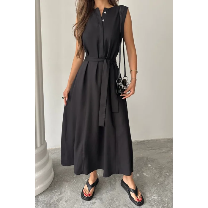 KETEN ELBİSE KOLSUZ BEL BAĞLAMALI MAXİ ELBİSE - Siyah