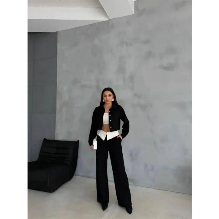 KETEN GÖMLEK-CROP-SALAŞ PANTOLON TAKIM - Siyah