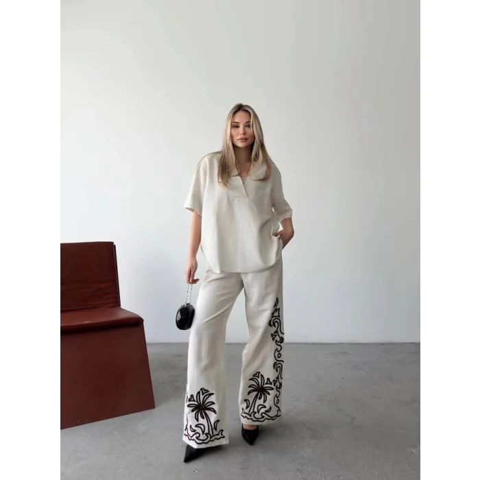 Keten Kısa Kolu  V Yaka Bluz Pantolon Ikili Takım- Beyaz