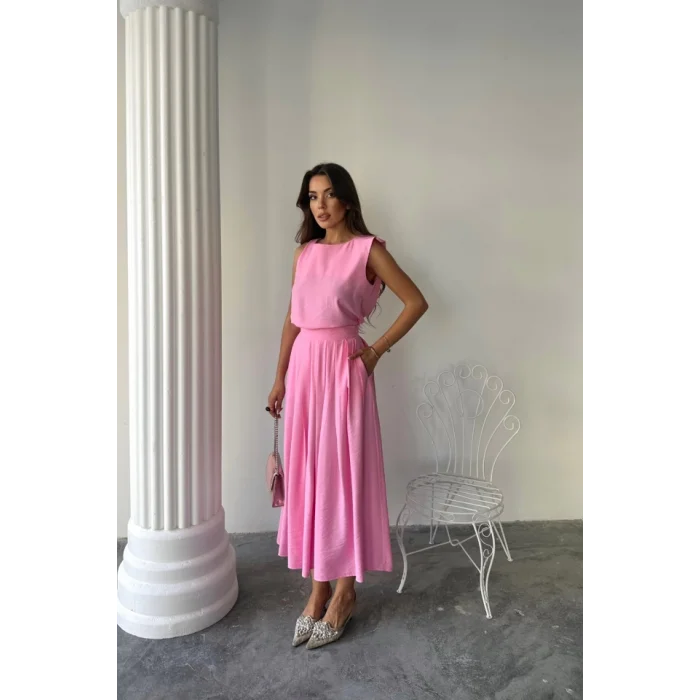 KETEN KOLSUZ BLUZ - MAXİ ETEK TAKIM - Pembe