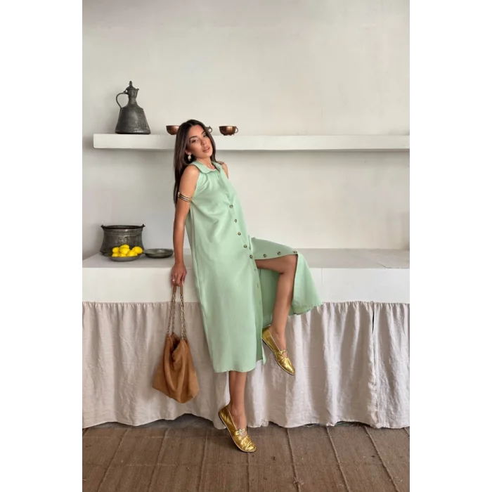 KETEN ÖNDEN DÜĞMELİ KOLSUZ GÖMLEK YAKA ELBİSE - Mint
