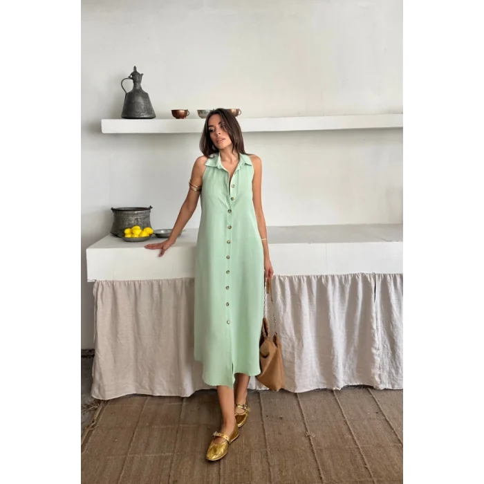 KETEN ÖNDEN DÜĞMELİ KOLSUZ GÖMLEK YAKA ELBİSE - Mint
