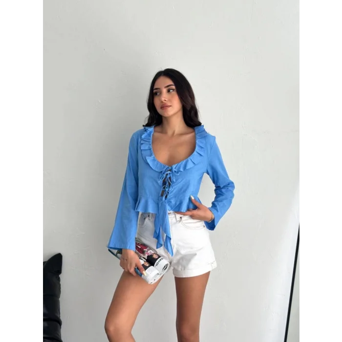 Keten Uzun Kol Bağacık Detaylı Bluz - Mavi