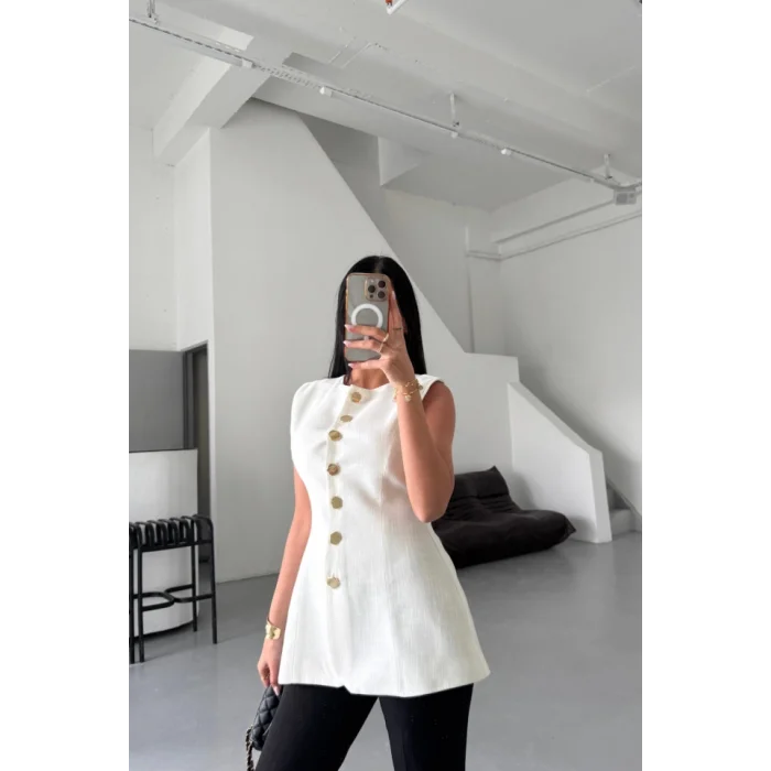 KETEN YELEK BELDEN OTURTMALISIRALI DÜĞME DETAYLI - Beyaz