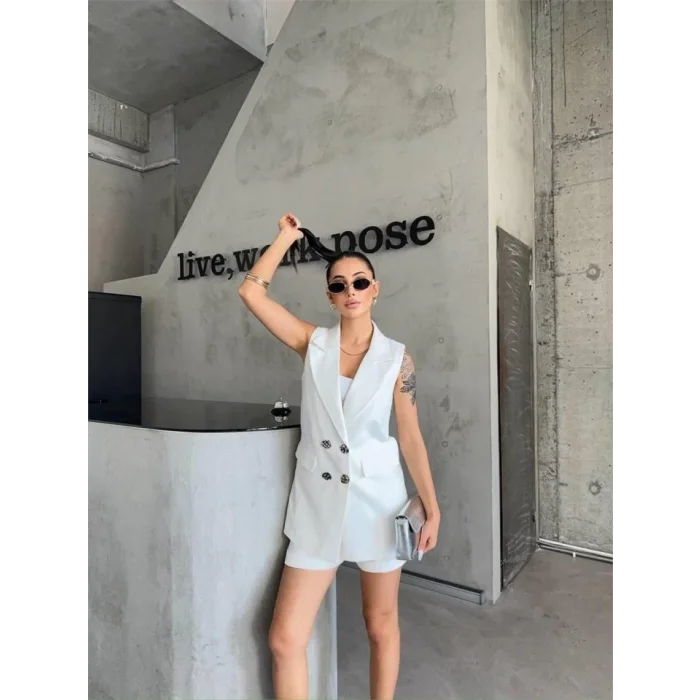 KETEN YELEK - ŞORT TAKIM - Beyaz