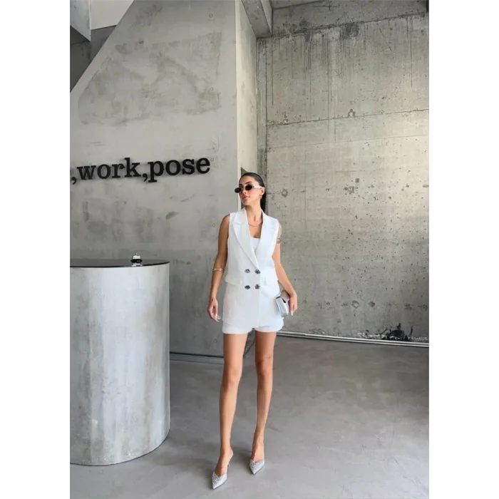 KETEN YELEK - ŞORT TAKIM - Beyaz