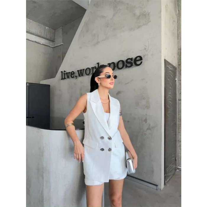 KETEN YELEK - ŞORT TAKIM - Beyaz