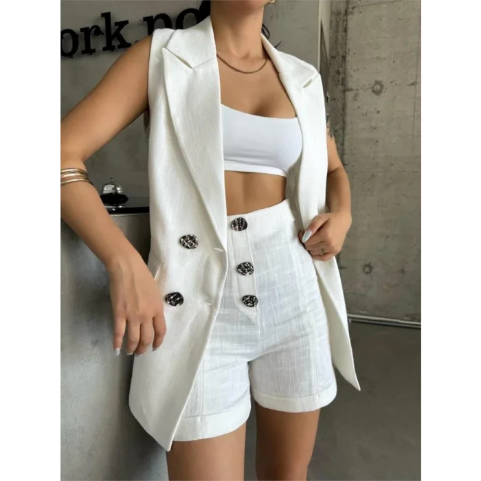 KETEN YELEK - ŞORT TAKIM - Beyaz