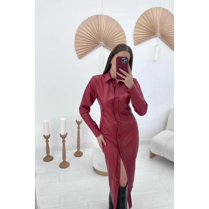 Kırmızı Boydan Düğmeli Deri Elbise